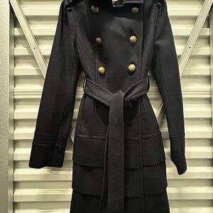 Express XS Wool Navy Belted Blue Double-Breasted Coat with Gold Buttons
